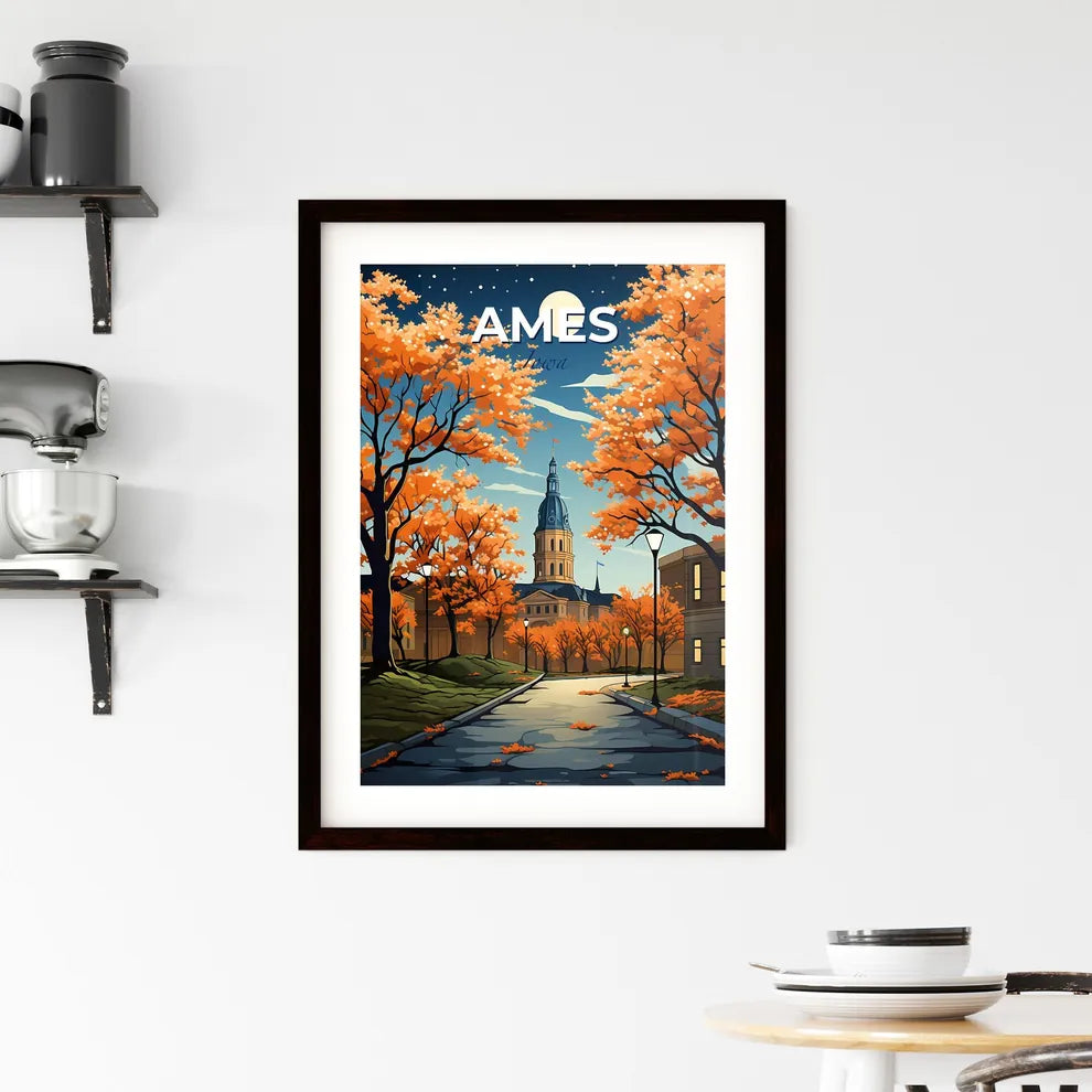 Ames, Iowa, A Poster of a road with orange trees and a building in the background Default Title