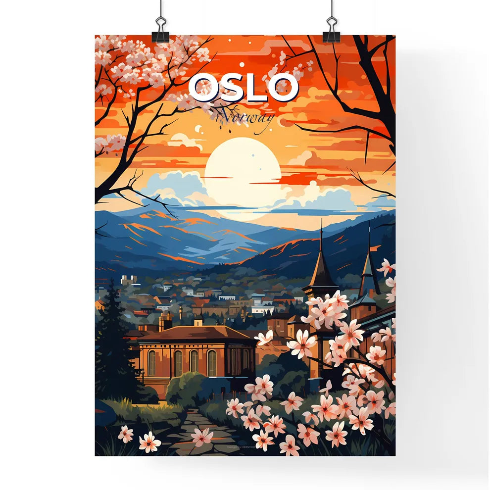 Oslo, Norway, A Poster of a painting of a city with trees and mountains Default Title