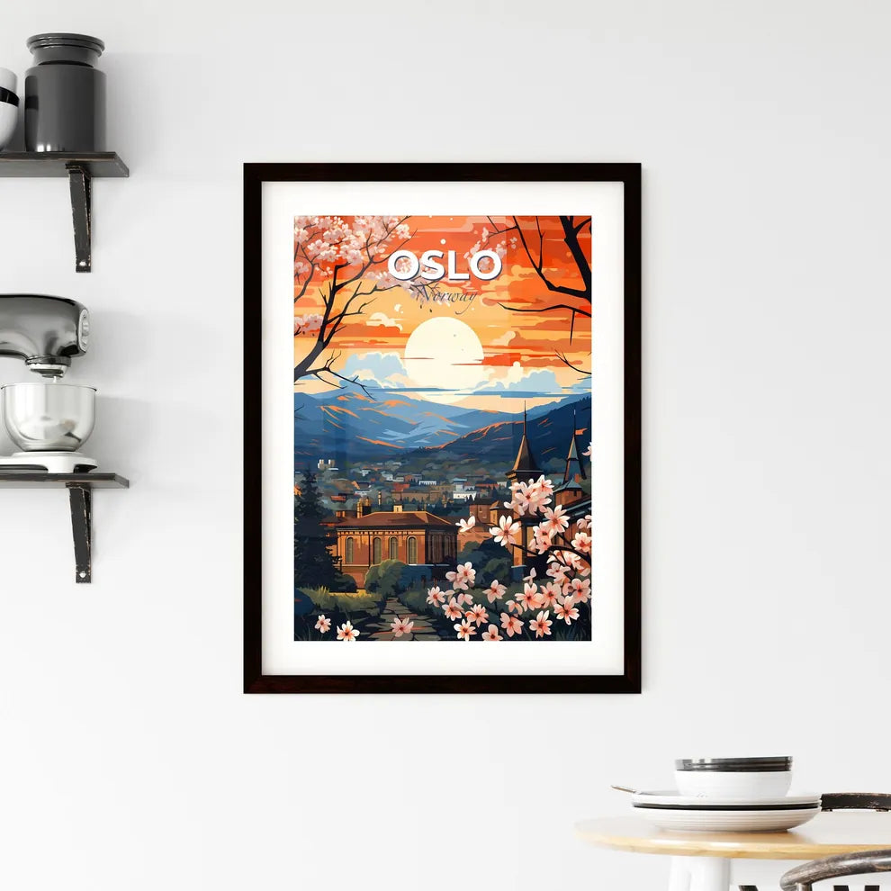 Oslo, Norway, A Poster of a painting of a city with trees and mountains Default Title