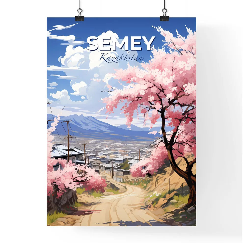 Semey, Kazakhstan, A Poster of a road with pink flowers on it Default Title