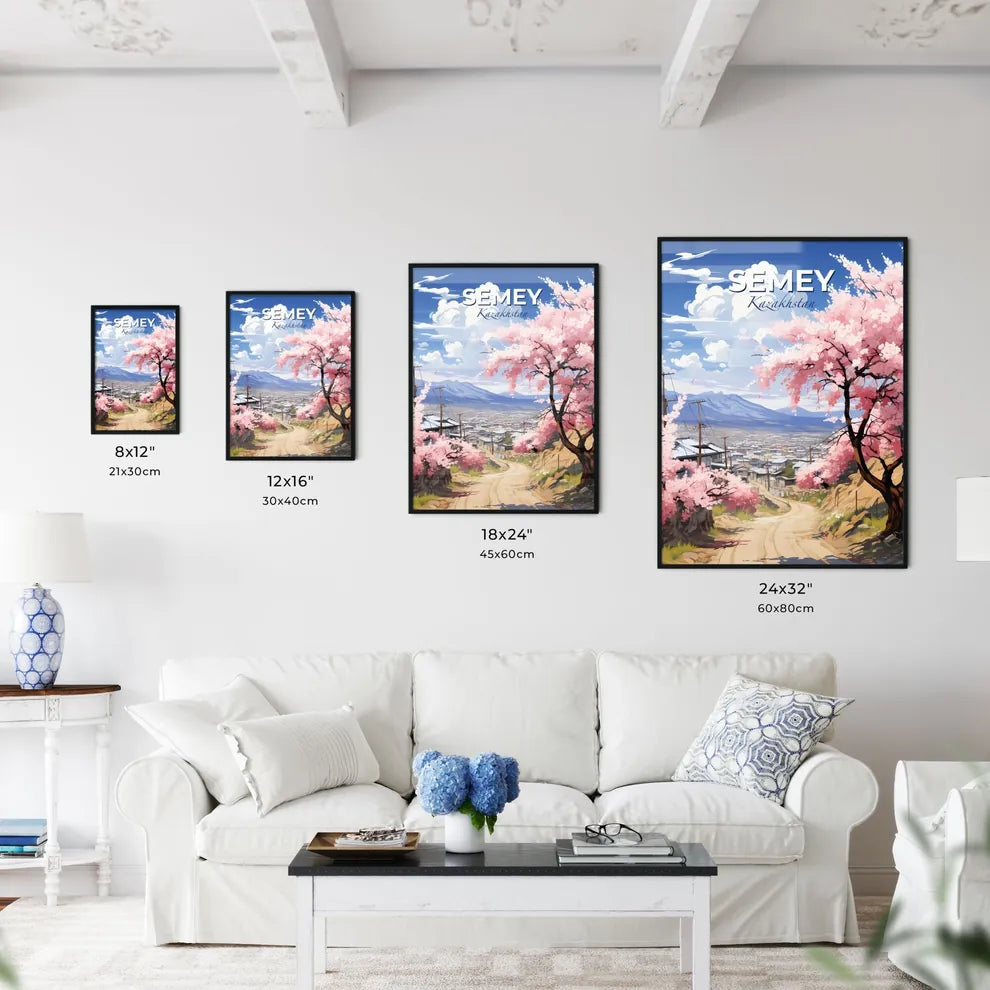 Semey, Kazakhstan, A Poster of a road with pink flowers on it Default Title
