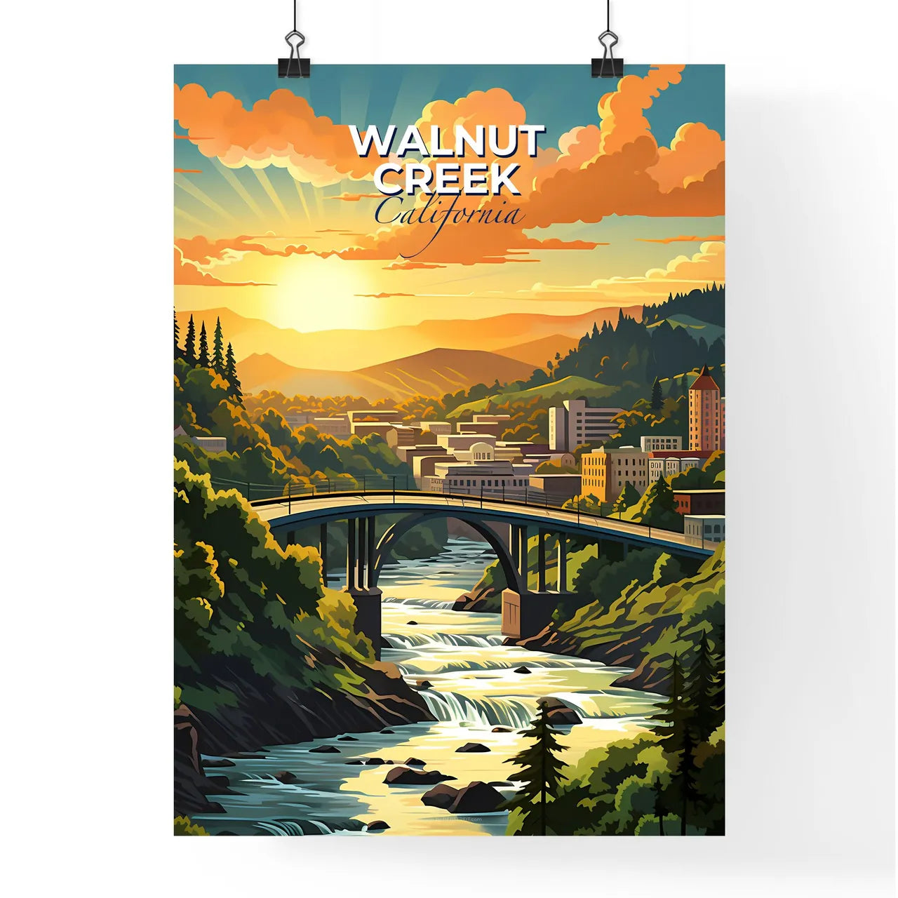 Walnut Creek, California, A Poster of a bridge over a river with trees and buildings Default Title