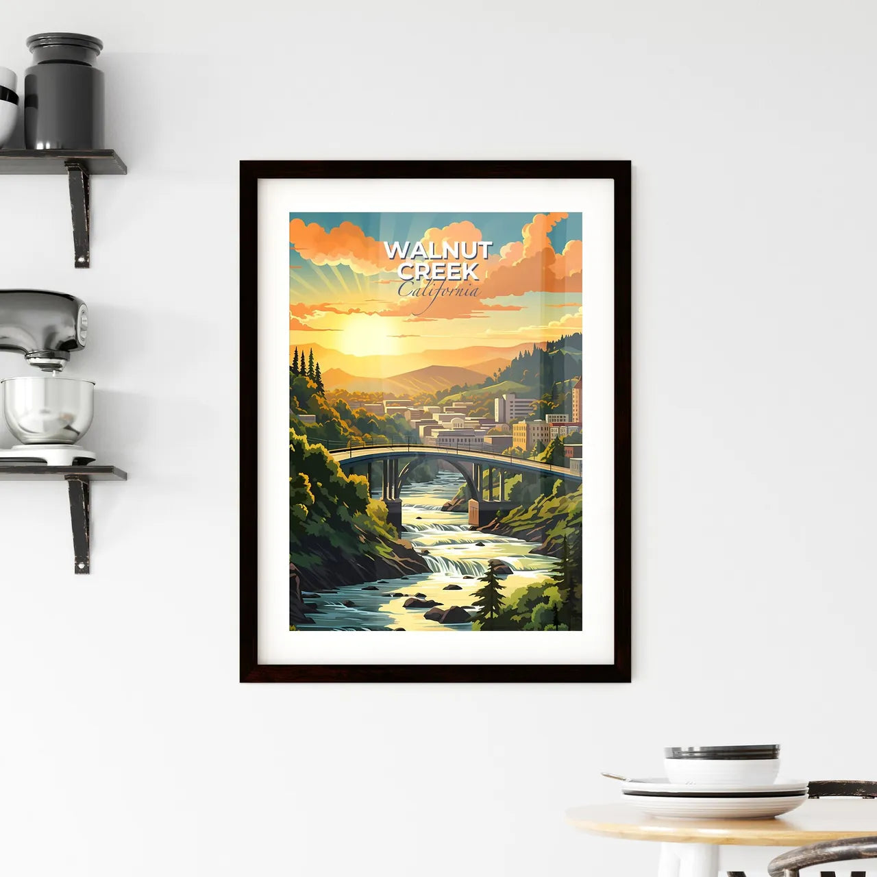 Walnut Creek, California, A Poster of a bridge over a river with trees and buildings Default Title