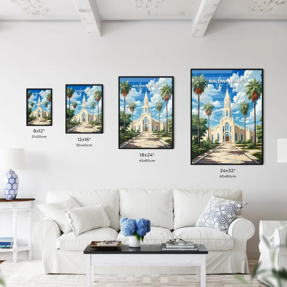 Baldwin Park, California, A Poster of a church with palm trees and a path Default Title