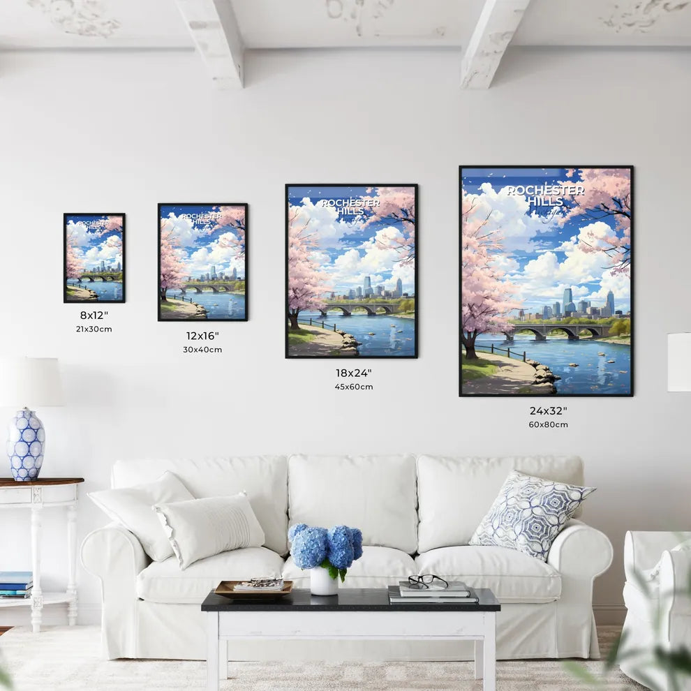 Rochester Hills, Michigan, A Poster of a bridge over a river with pink trees and a city in the background Default Title