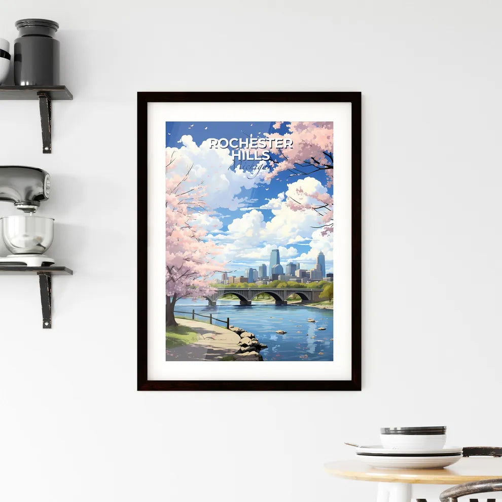 Rochester Hills, Michigan, A Poster of a bridge over a river with pink trees and a city in the background Default Title