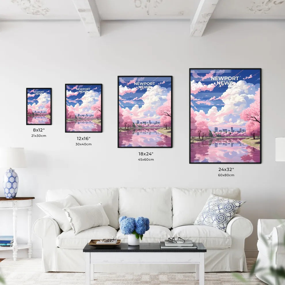 Newport News, Virginia, A Poster of a pink trees with pink flowers and a city in the background Default Title