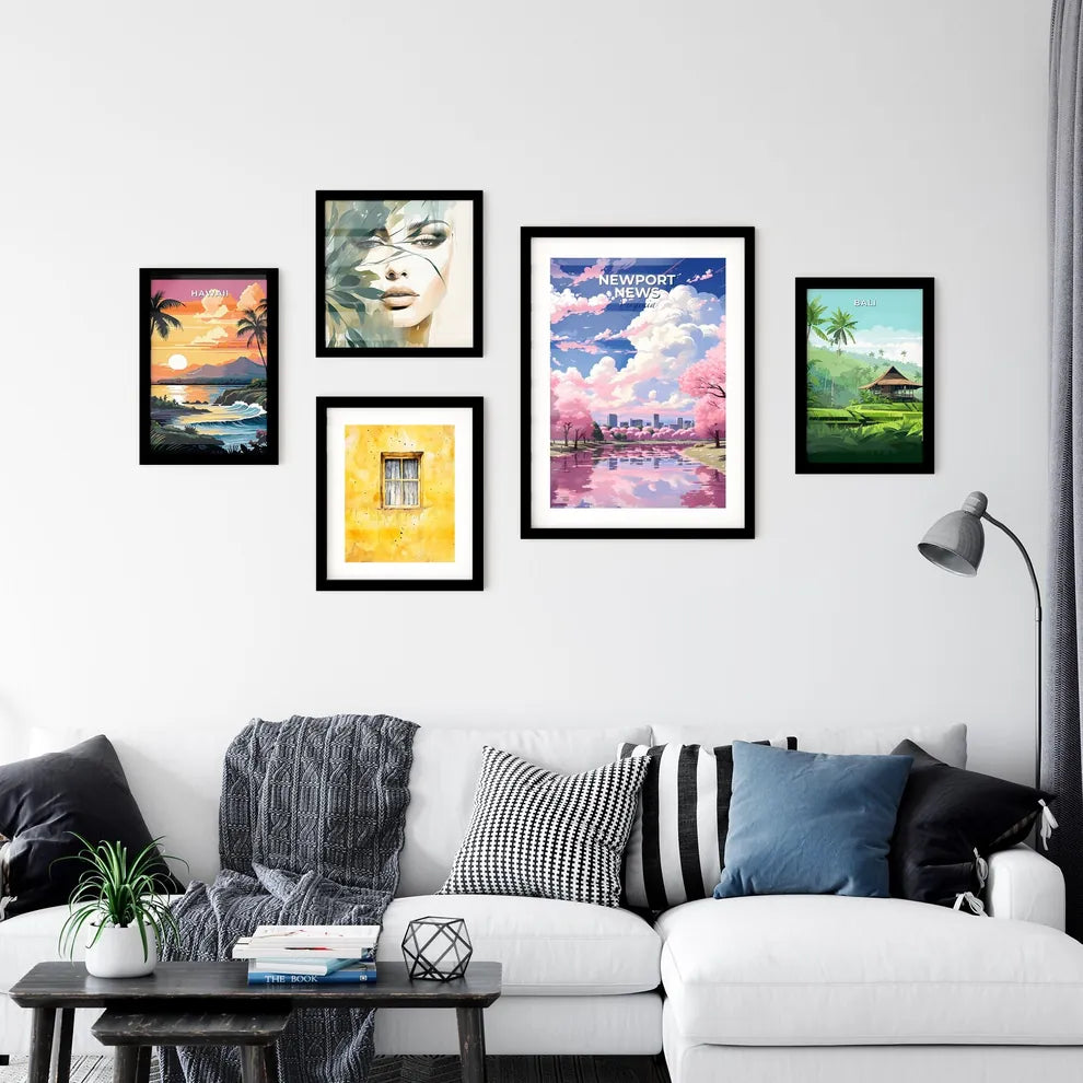 Newport News, Virginia, A Poster of a pink trees with pink flowers and a city in the background Default Title