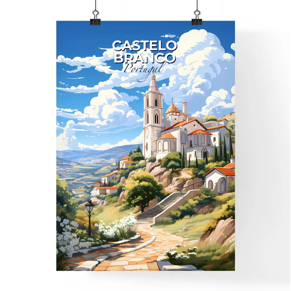 Castelo Branco, Portugal, A Poster of a painting of a village with a church and trees Default Title