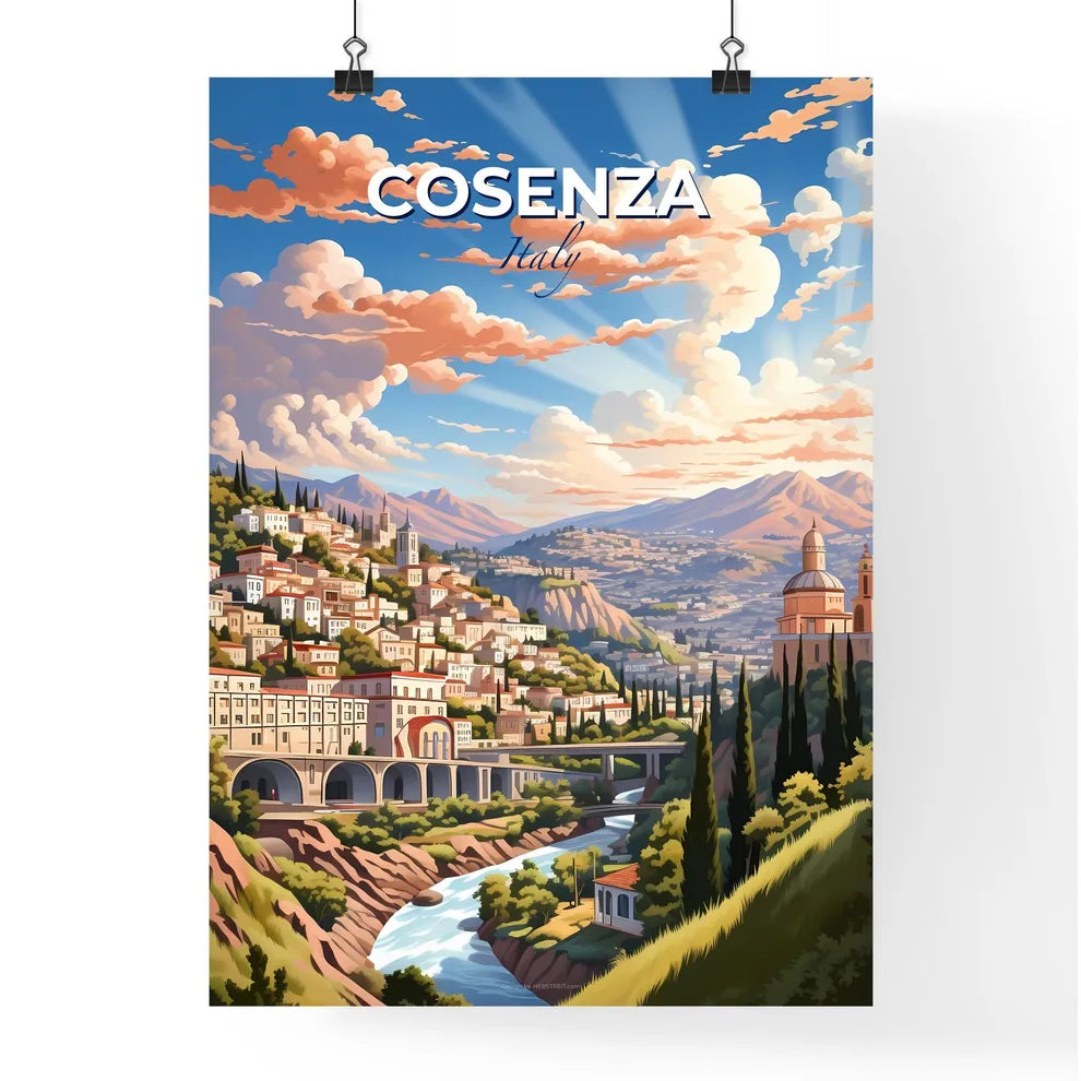 Cosenza, Italy, A Poster of a painting of a town on a hill with trees and a bridge Default Title