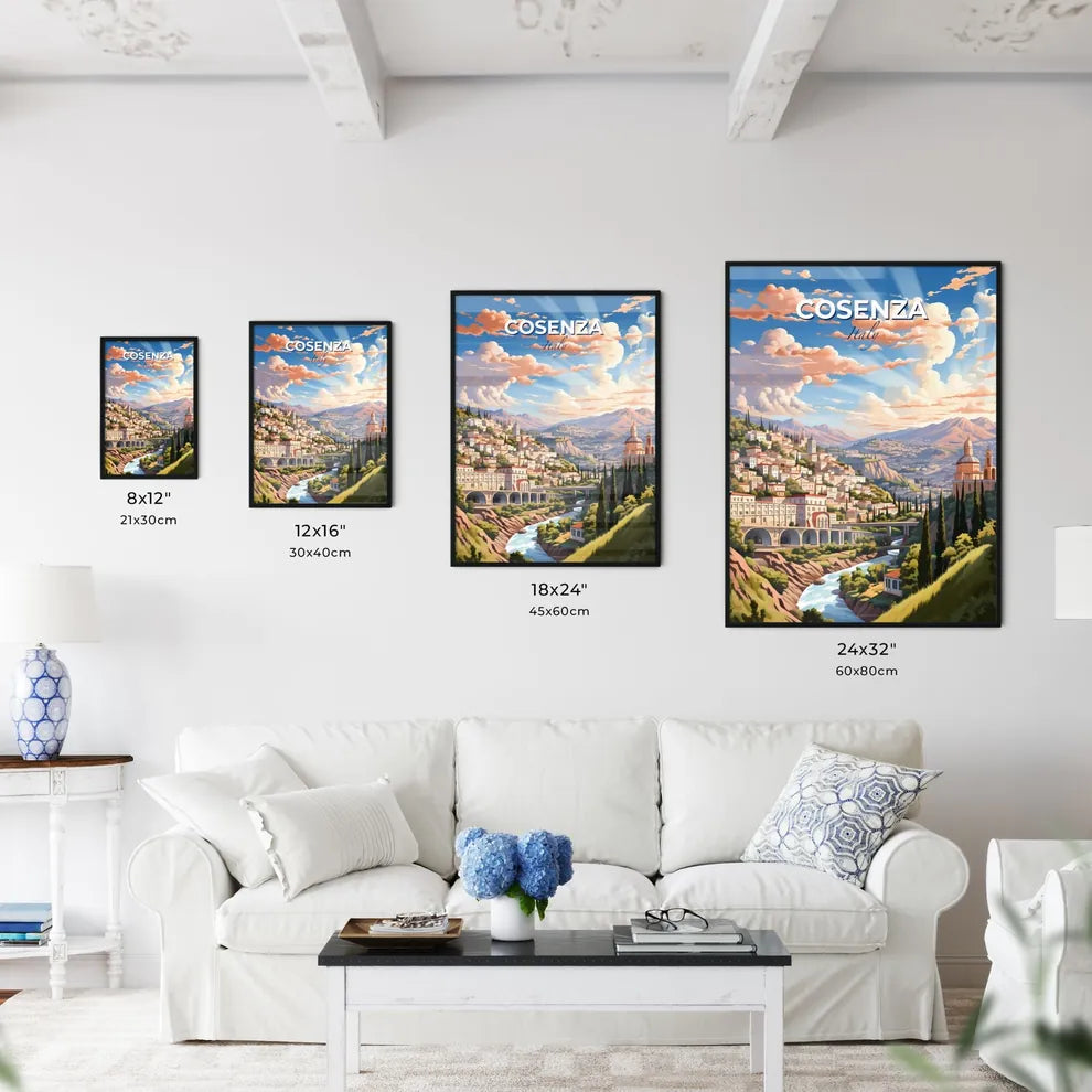 Cosenza, Italy, A Poster of a painting of a town on a hill with trees and a bridge Default Title