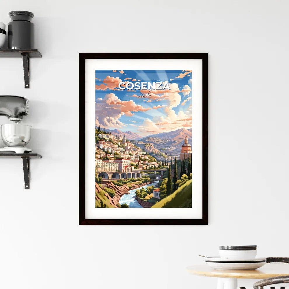 Cosenza, Italy, A Poster of a painting of a town on a hill with trees and a bridge Default Title