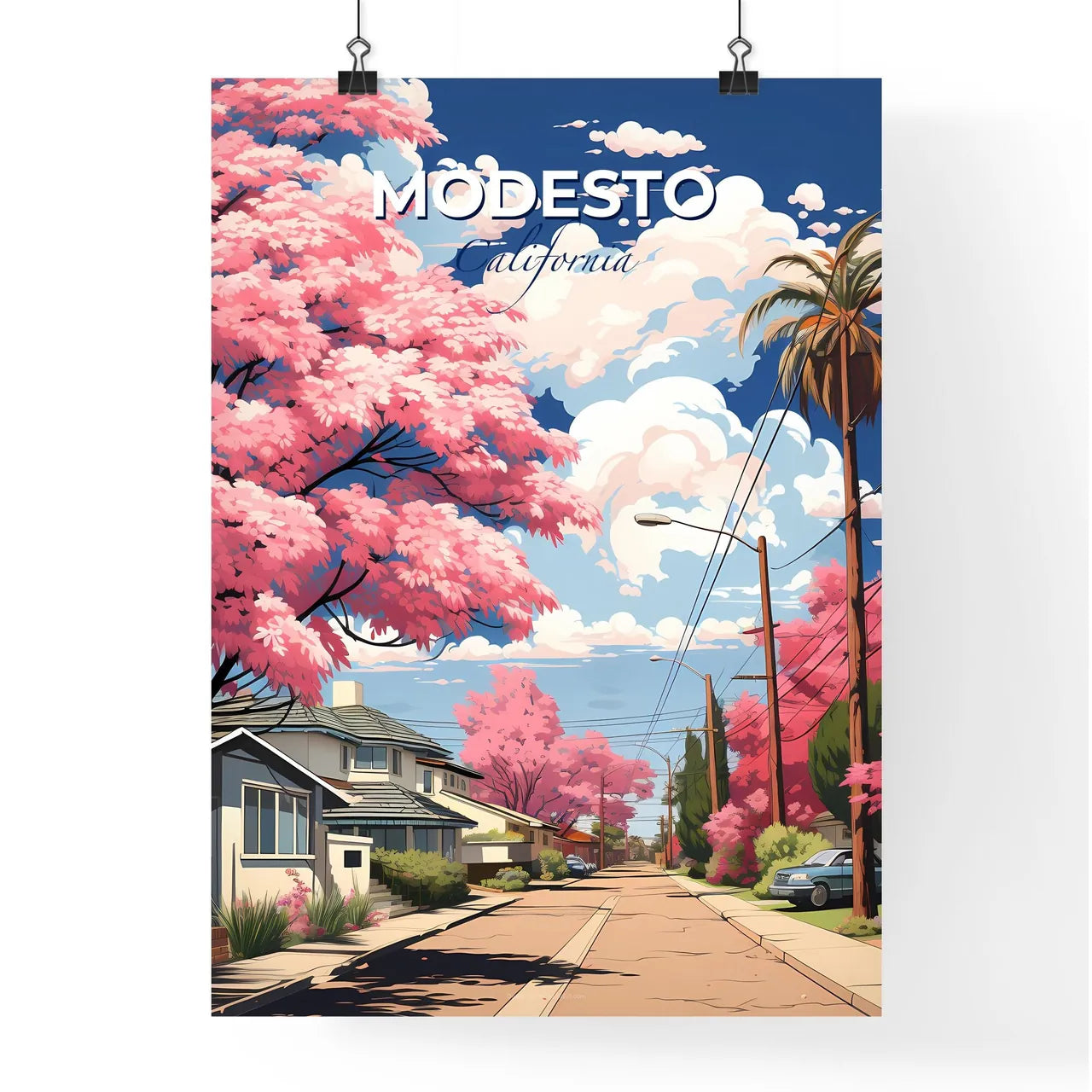 Modesto, California, A Poster of a street with pink trees and houses Default Title