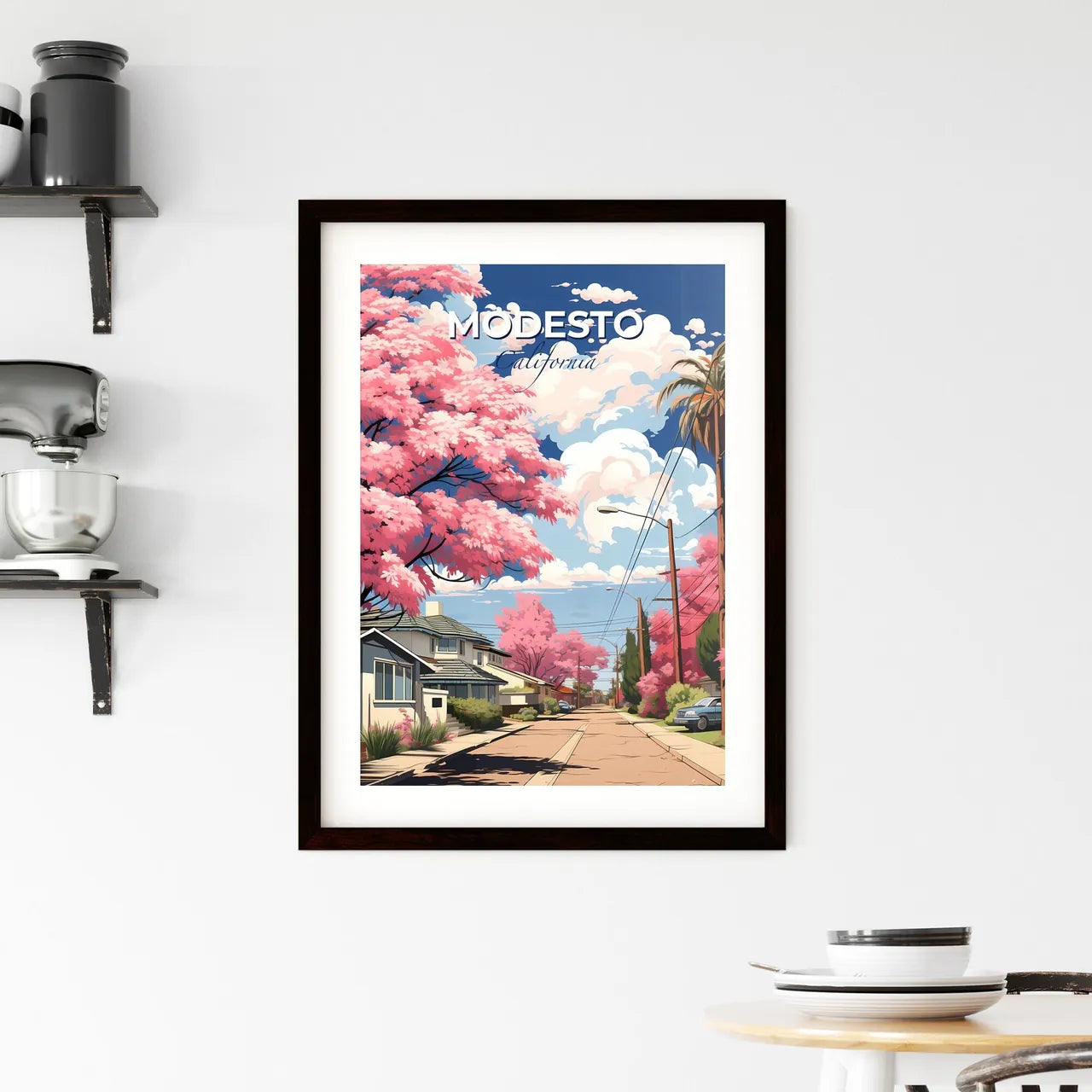 Modesto, California, A Poster of a street with pink trees and houses Default Title