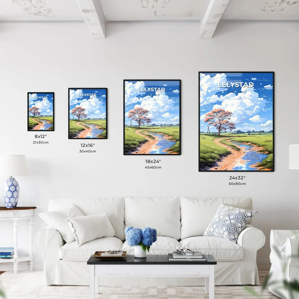 Lelystad, Netherlands, A Poster of a stream running through a grassy field with a tree and blue sky with clouds Default Title