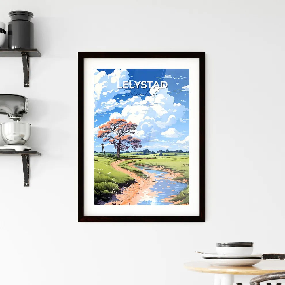 Lelystad, Netherlands, A Poster of a stream running through a grassy field with a tree and blue sky with clouds Default Title