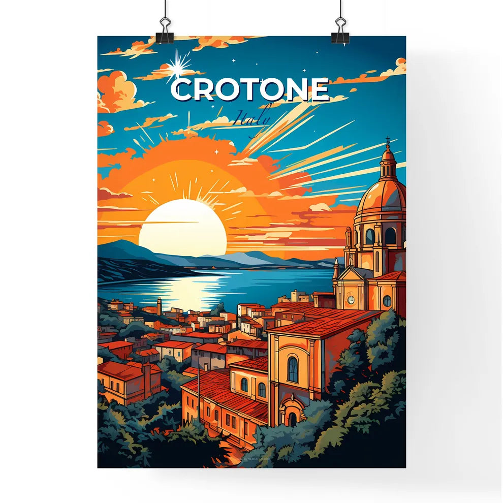 Crotone, Italy, A Poster of a city with a large dome and a body of water with the sun behind it Default Title