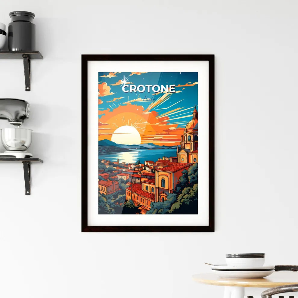 Crotone, Italy, A Poster of a city with a large dome and a body of water with the sun behind it Default Title