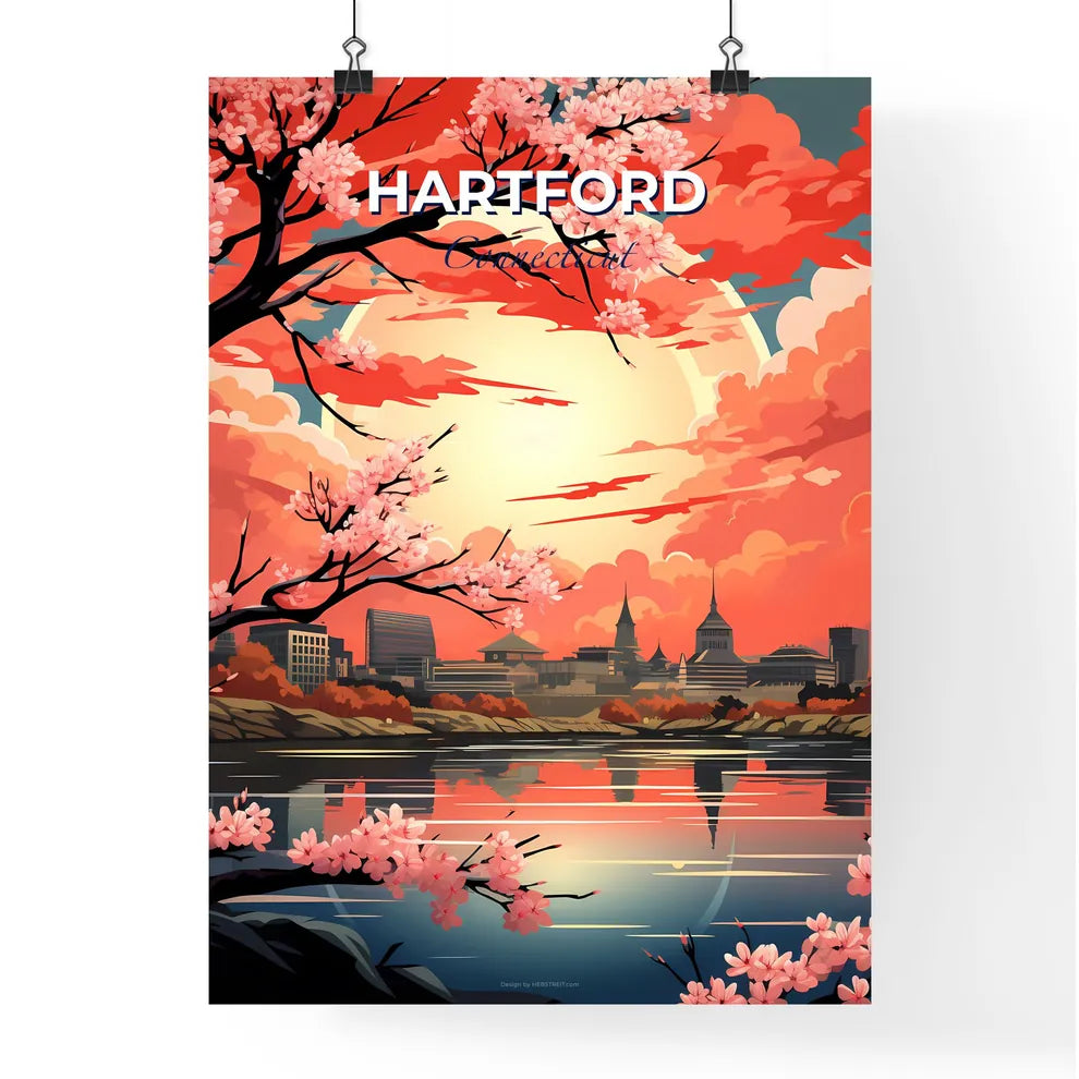 Hartford, Connecticut, A Poster of a painting of a city with a river and trees Default Title