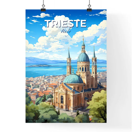 Trieste, Italy, A Poster of a building with a blue dome and a city by water Default Title