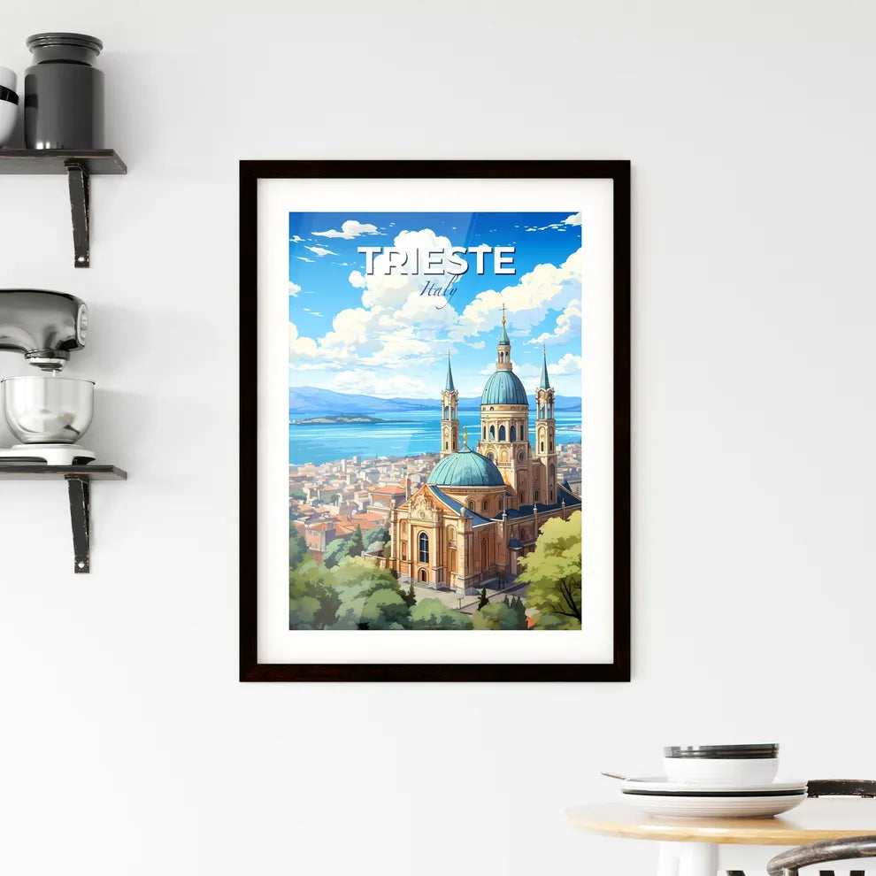 Trieste, Italy, A Poster of a building with a blue dome and a city by water Default Title