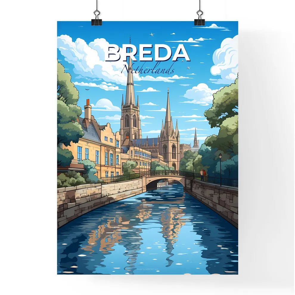 Breda, Netherlands, A Poster of a river with a bridge and a castle Default Title