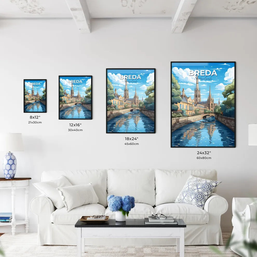 Breda, Netherlands, A Poster of a river with a bridge and a castle Default Title