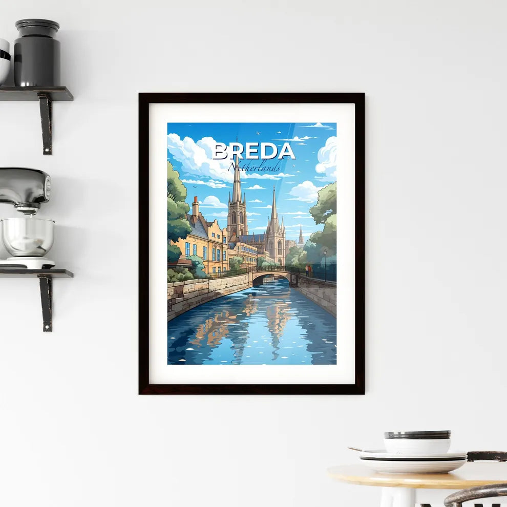 Breda, Netherlands, A Poster of a river with a bridge and a castle Default Title