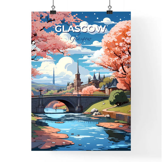 Glasgow, Glasgow, A Poster of a bridge over a river with pink trees and a castle Default Title