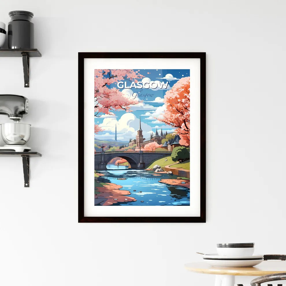 Glasgow, Glasgow, A Poster of a bridge over a river with pink trees and a castle Default Title