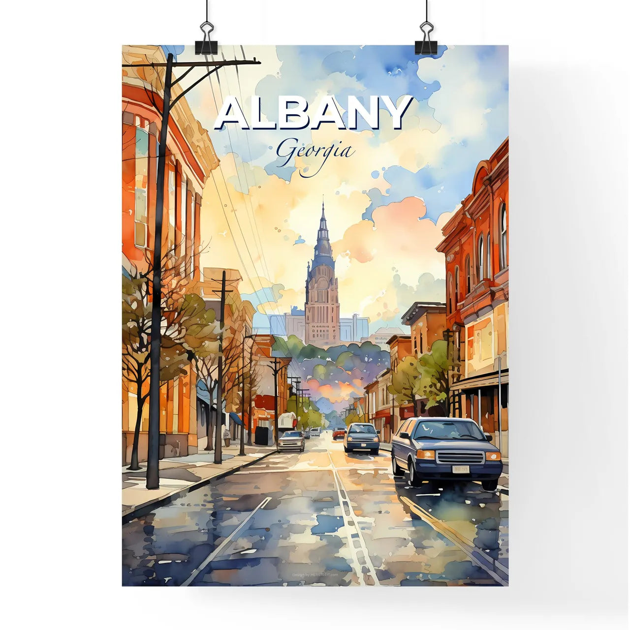 Albany, Georgia, A Poster of a watercolor of a street with cars and buildings Default Title