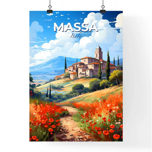 Massa, Italy, A Poster of a painting of a village in a valley with flowers Default Title