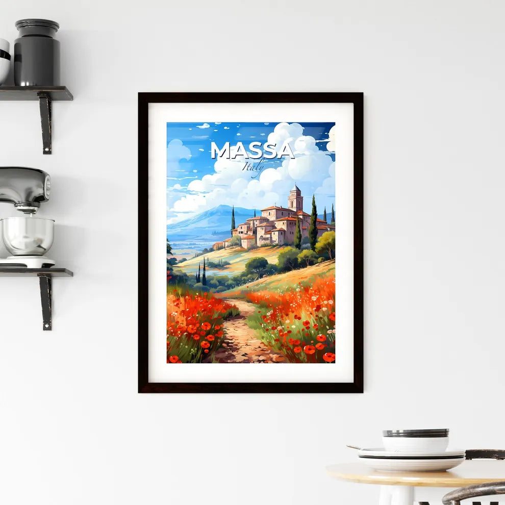 Massa, Italy, A Poster of a painting of a village in a valley with flowers Default Title
