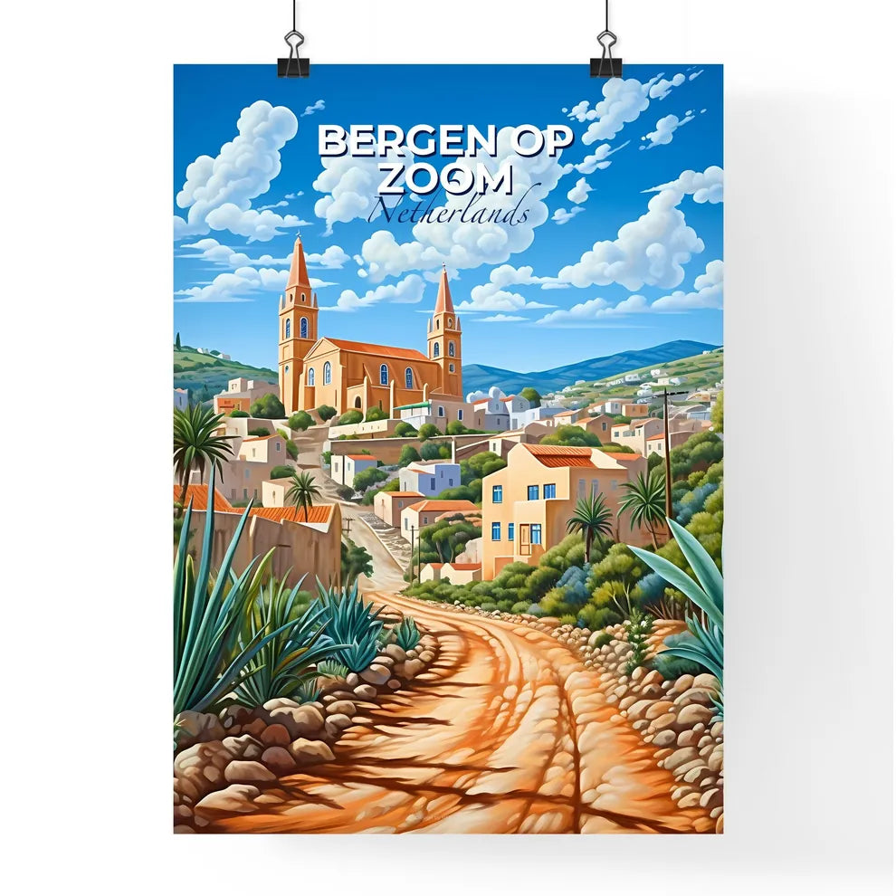 Bergen Op Zoom, Netherlands, A Poster of a painting of a town with a dirt road and a church Default Title