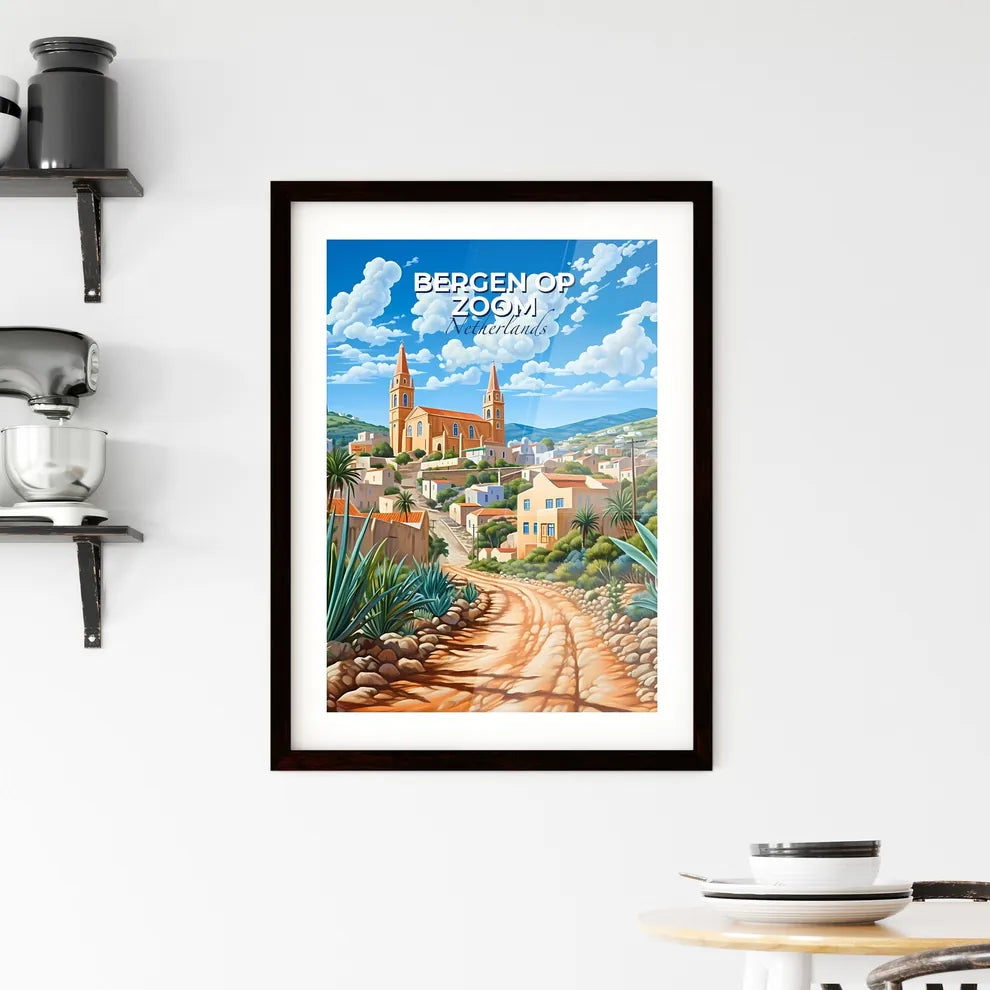 Bergen Op Zoom, Netherlands, A Poster of a painting of a town with a dirt road and a church Default Title