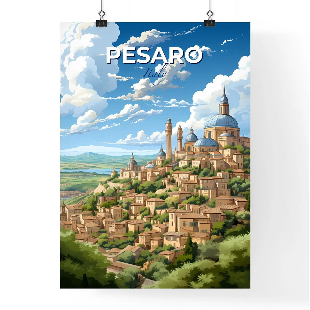 Pesaro, Italy, A Poster of a city on a hill with trees and a blue sky Default Title