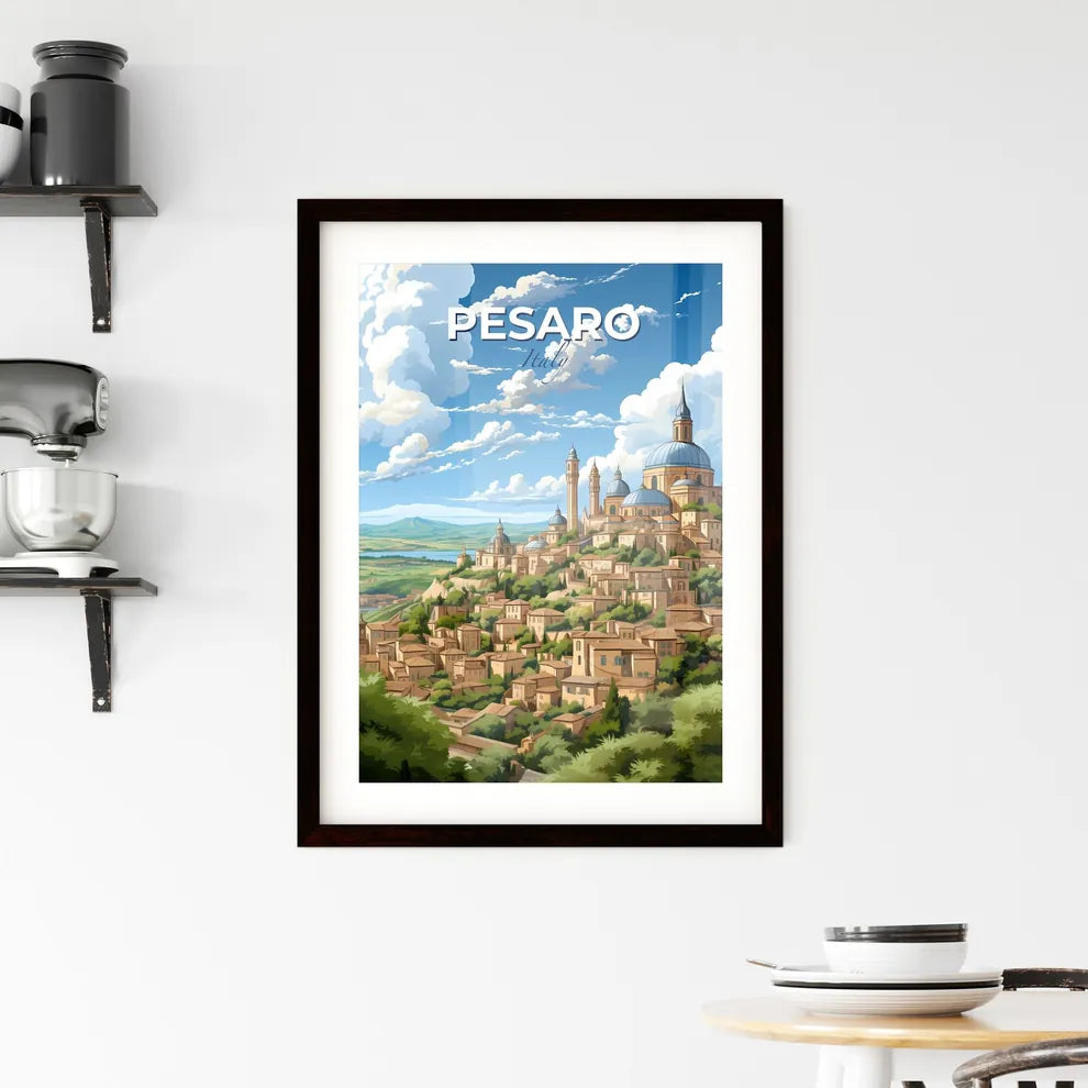 Pesaro, Italy, A Poster of a city on a hill with trees and a blue sky Default Title