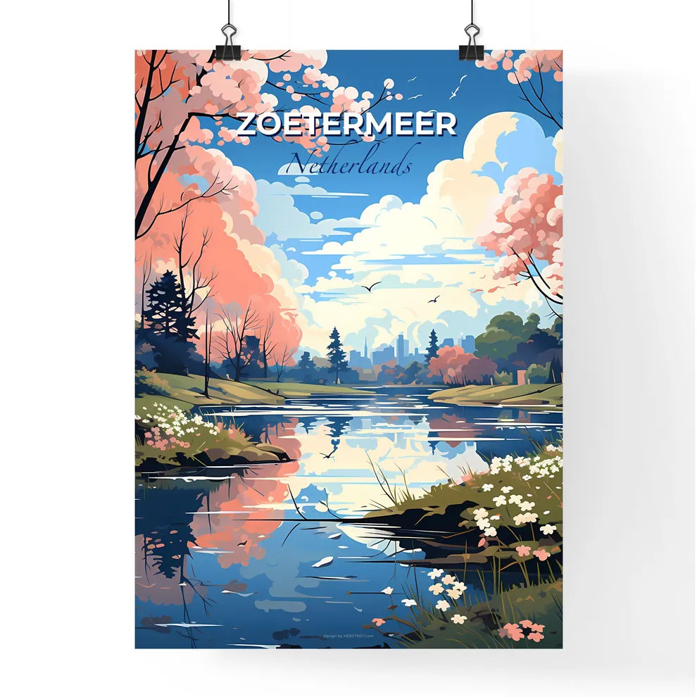 Zoetermeer, Netherlands, A Poster of a river with pink flowers and trees Default Title
