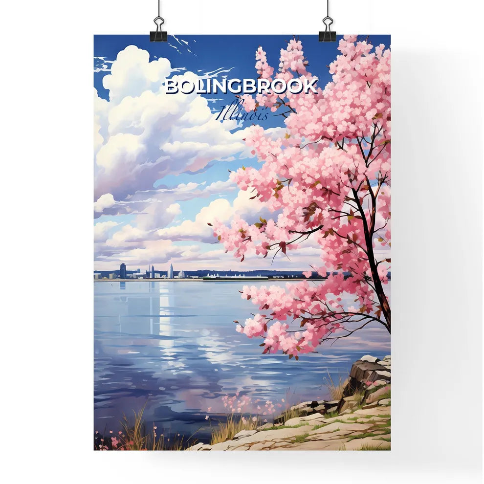 Bolingbrook, Illinois, A Poster of a pink tree with pink blossoms next to water Default Title
