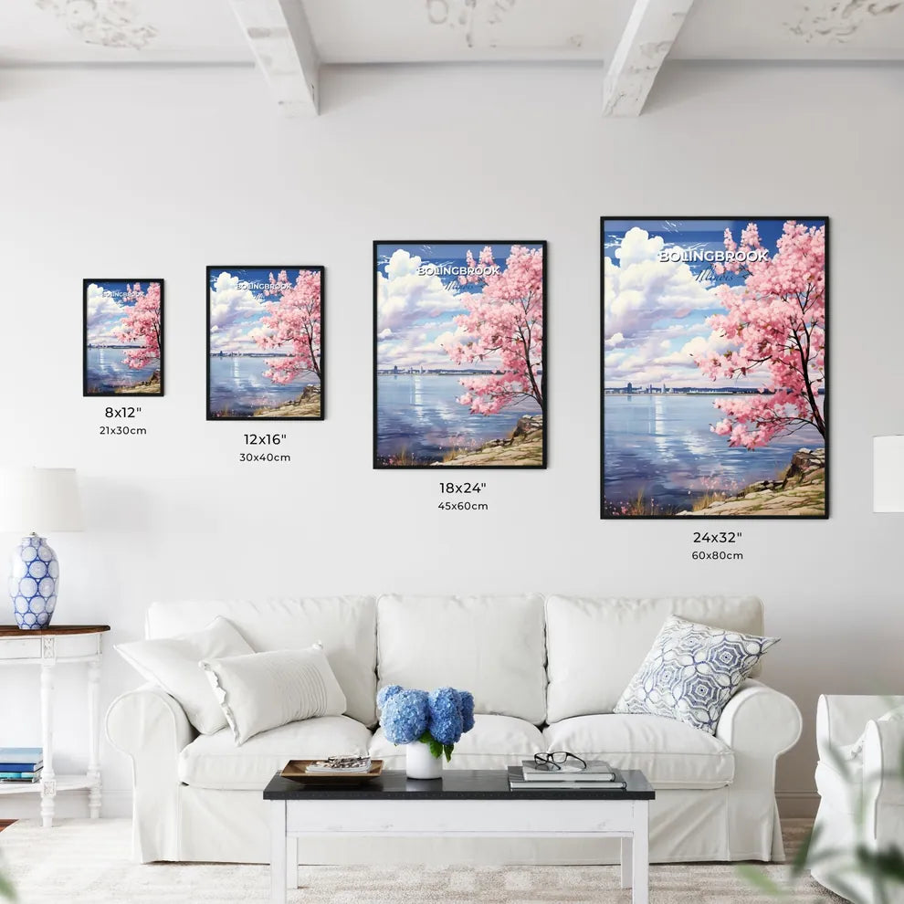 Bolingbrook, Illinois, A Poster of a pink tree with pink blossoms next to water Default Title