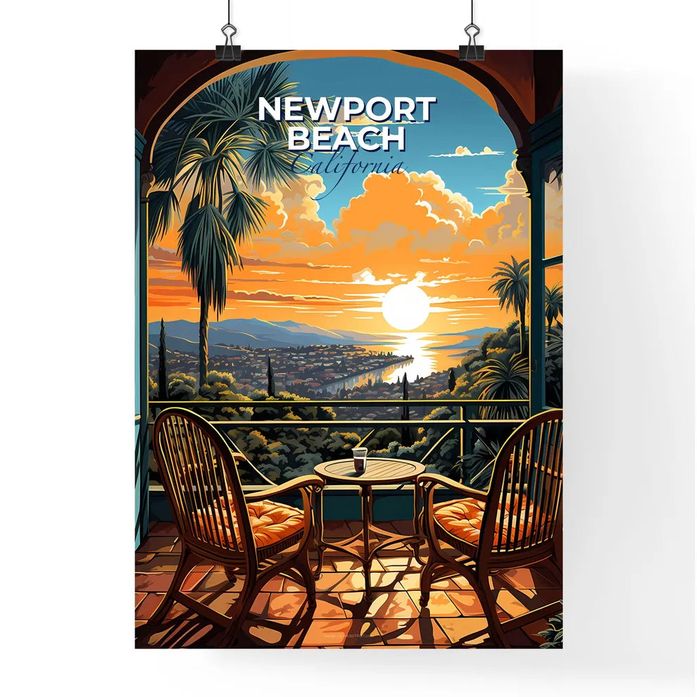 Newport Beach, California, A Poster of a table and chairs on a balcony overlooking a city Default Title
