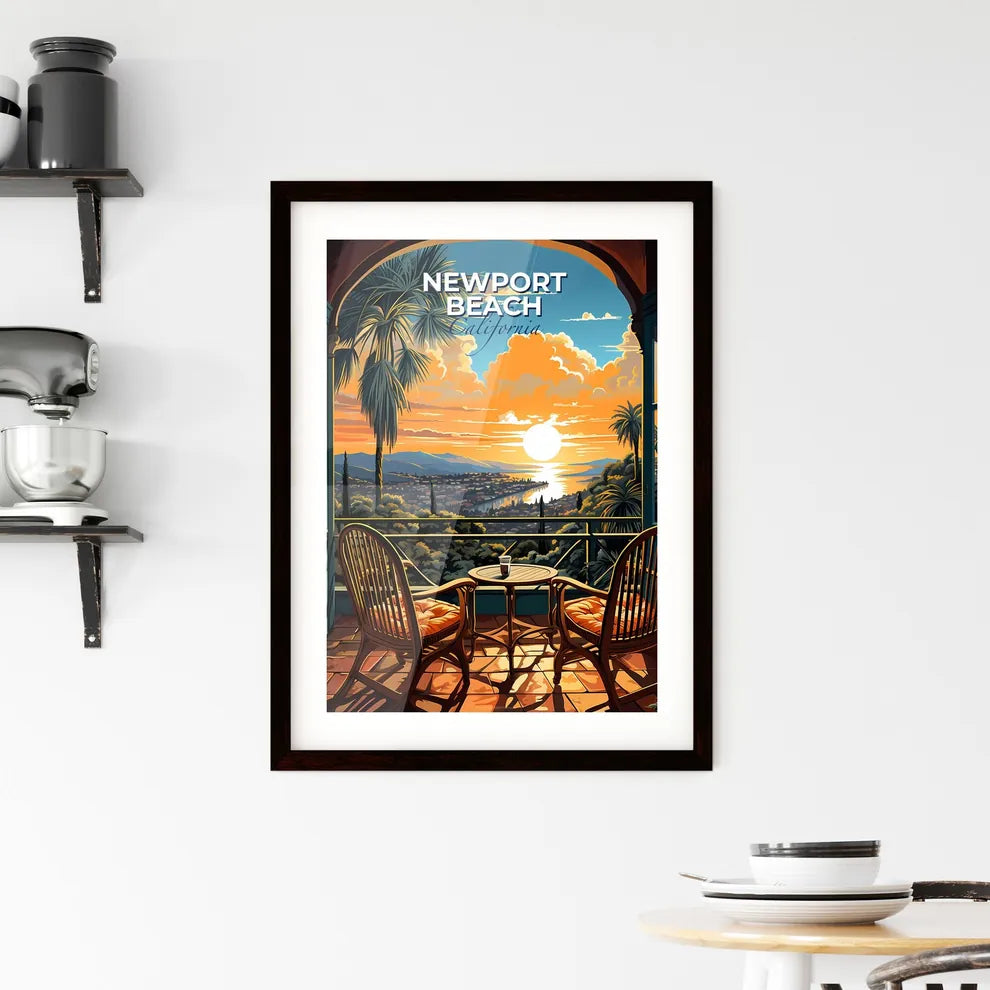 Newport Beach, California, A Poster of a table and chairs on a balcony overlooking a city Default Title
