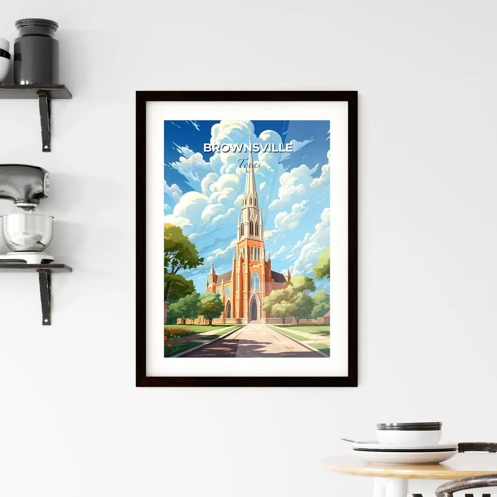 Brownsville, Texas, A Poster of a church with a tall tower and trees with Notre-Dame Cathedral Basilica of Saigon in the background Default Title