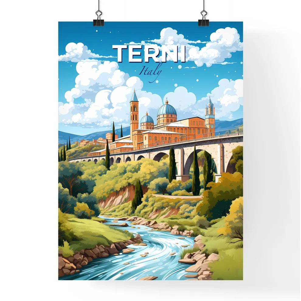 Terni, Italy, A Poster of a bridge over a river with a castle and trees Default Title