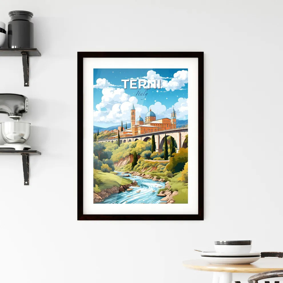 Terni, Italy, A Poster of a bridge over a river with a castle and trees Default Title