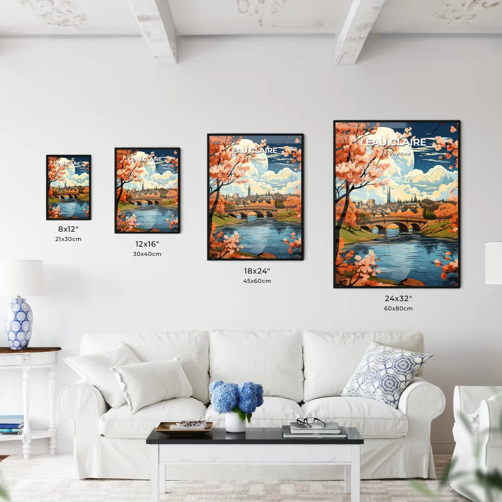 Eau Claire, Wisconsin, A Poster of a bridge over a river with orange trees and a city in the background Default Title