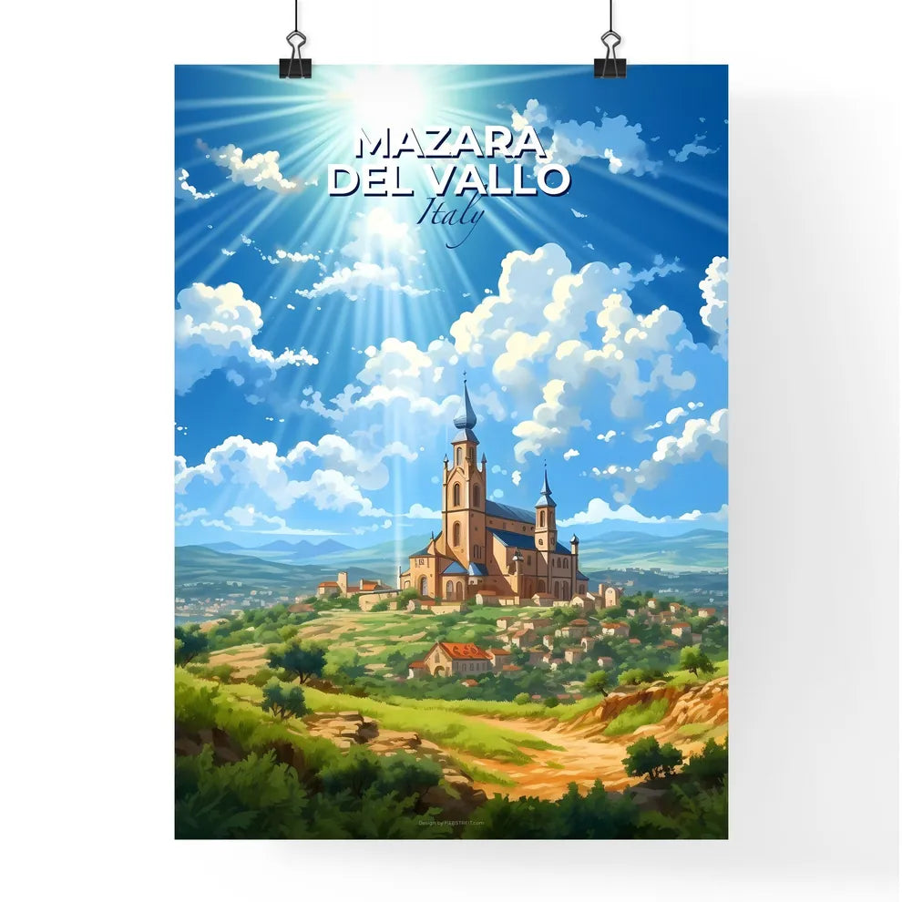 Mazara Del Vallo, Italy, A Poster of a building on a hill with a large building and a large building with a tower Default Title