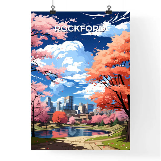 Rockford, Illinois, A Poster of a river with pink trees and a city in the background Default Title