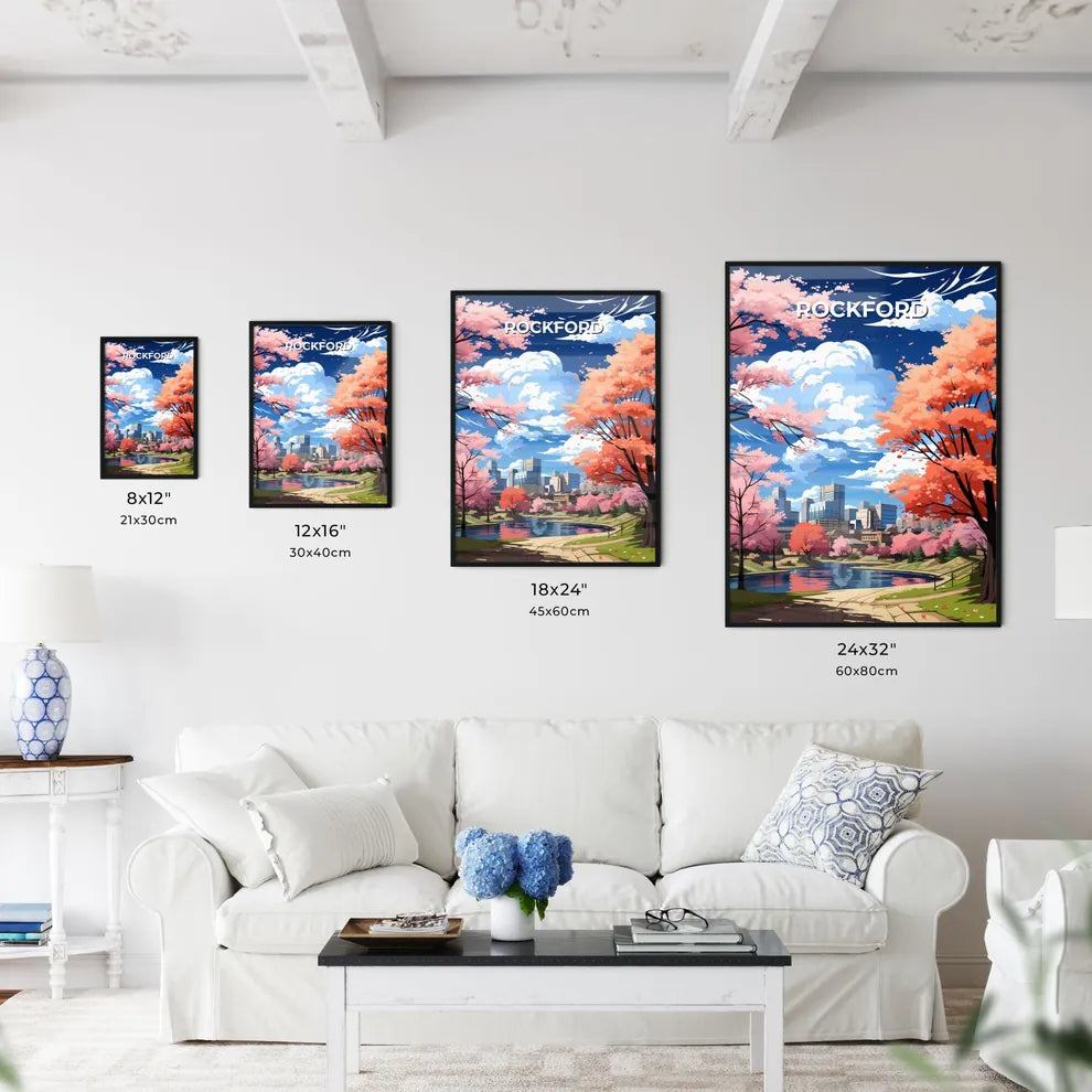 Rockford, Illinois, A Poster of a river with pink trees and a city in the background Default Title