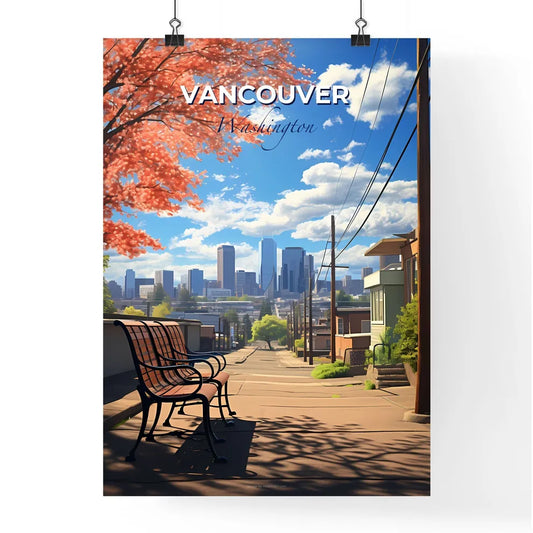 Vancouver, Washington, A Poster of a bench on a sidewalk with trees and buildings in the background Default Title